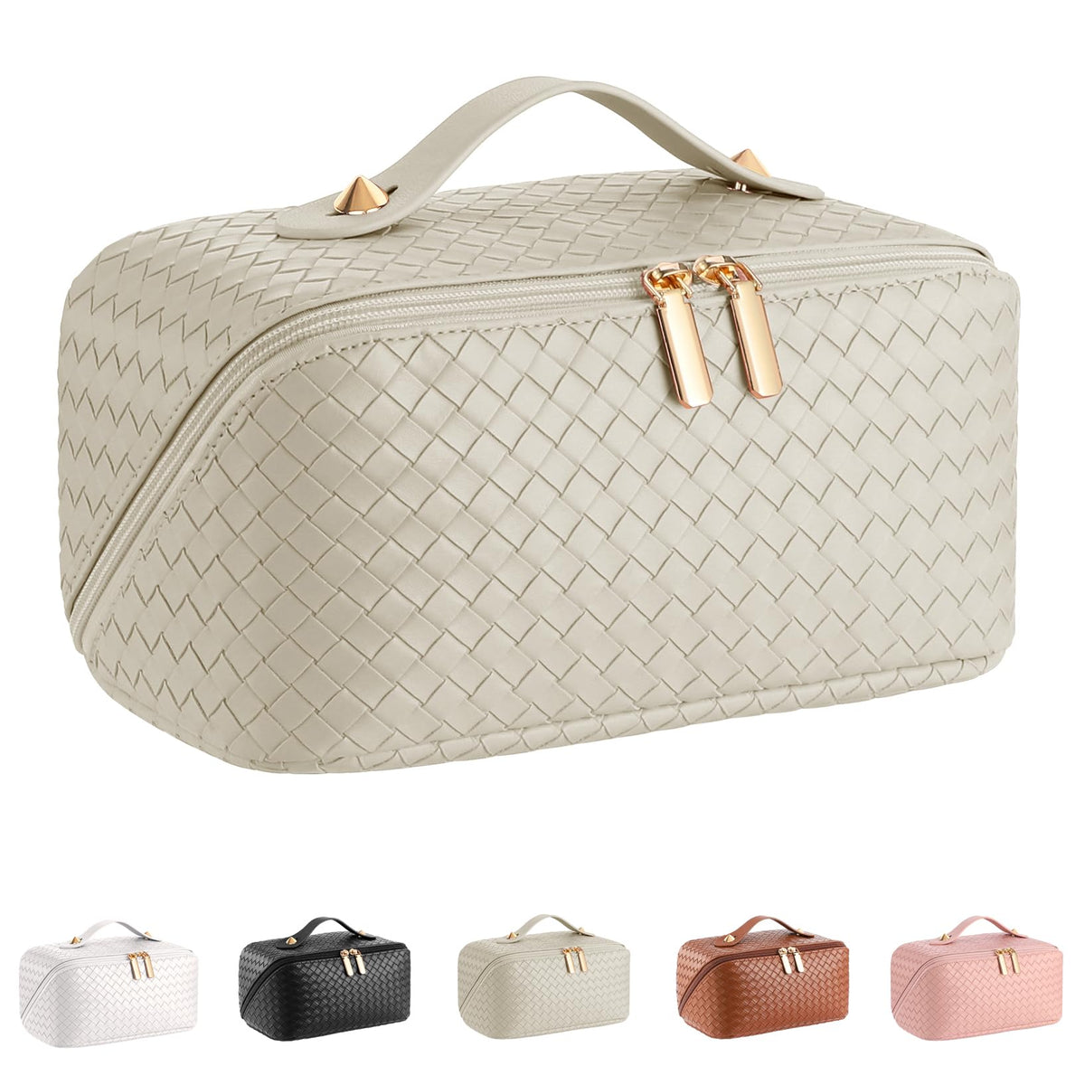 ALEXTINA Travel Makeup Bag, Woven PU Leather Cosmetic Bag, Khaki