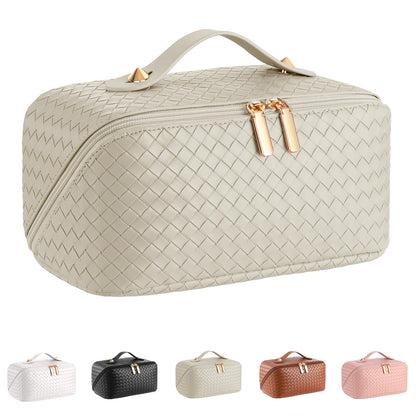 ALEXTINA Travel Makeup Bag, Woven PU Leather Cosmetic Bag, Khaki
