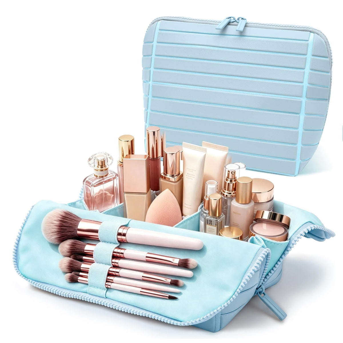 Travel Makeup Bag for Women, Fold Down Stand-Up Striped Makeup Organizer with Adjustable Dividers, 24 Pockets, 5 Brush Holders, Waterproof PVC Cosmetic Toiletry Bag for Travel, Beige