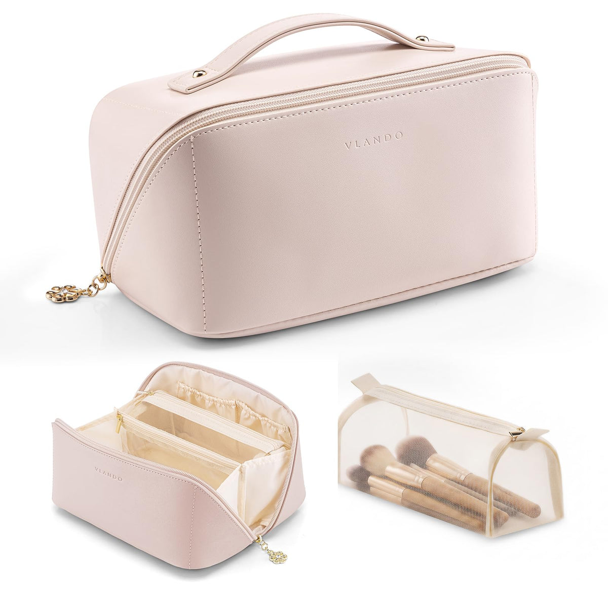 VLANDO Travel Makeup Bag with 180°Opening, Women Toiletry Case,Toffee