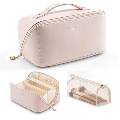 VLANDO Travel Makeup Bag with 180°Opening, Women Toiletry Case,Toffee