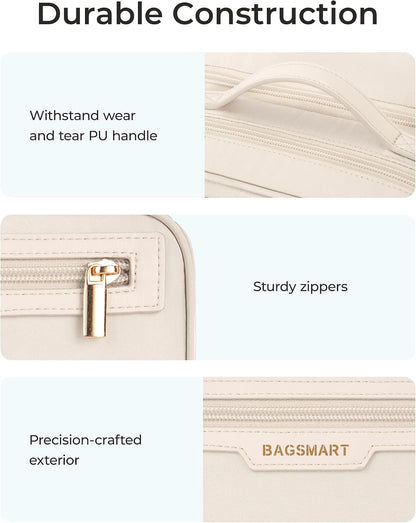 BAGSMART Travel Makeup Bag, Make Up Bag with Multiple Compartments for Organizer, Durable & Compact Cosmetic Organizer for Women for Travel Accessories (Beige)