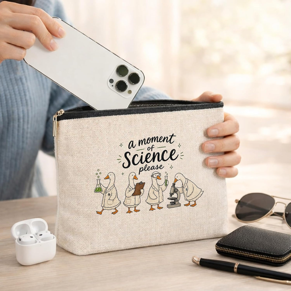 Funny Science Teacher Gifts, A Moment of Science Goose Makeup Bag