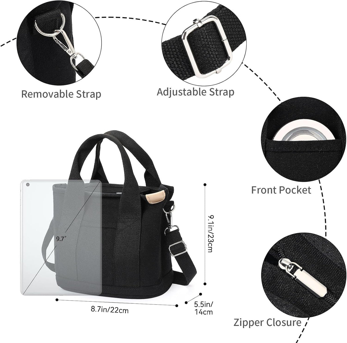 Small Tote Bags for Women Canvas Purses with Zipper Crossbody Mini Tote Satchel Hobo Work Beach Bag Shoulder Handbags