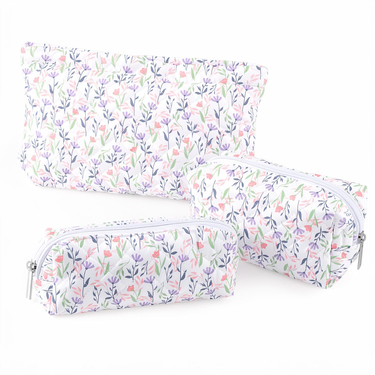 3 Pack Quilted Makeup Bag Floral Toiletry Bag for Traveling Women Girls