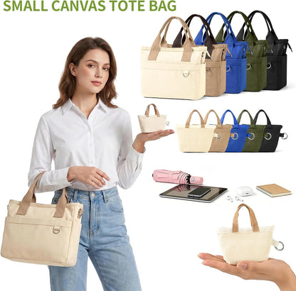 Small Canvas Tote Bag with Multi Pockets, Crossbody Shoulder Bag with Compartments and Zipper, Lightweight Adjustable