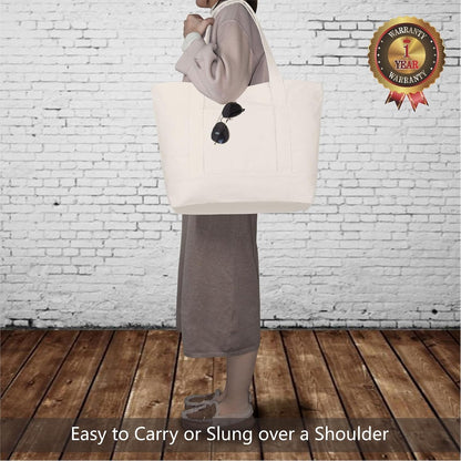 TOPDesign 1-Pack Canvas Tote Bag with an External Pocket, Reusable Grocery Shopping Bag, Top Zipper Closure, Daily Essentials (Natural)