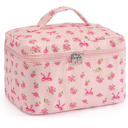 Makeup Bag for Women Quilted Cotton Make Up Bag Travel Cosmetic Bag Large Makeup Bag Cute Makeup Bags Organizer Floral Toiletry Bag Makeup Pouch for Purse, Pink Floral A-1PCS