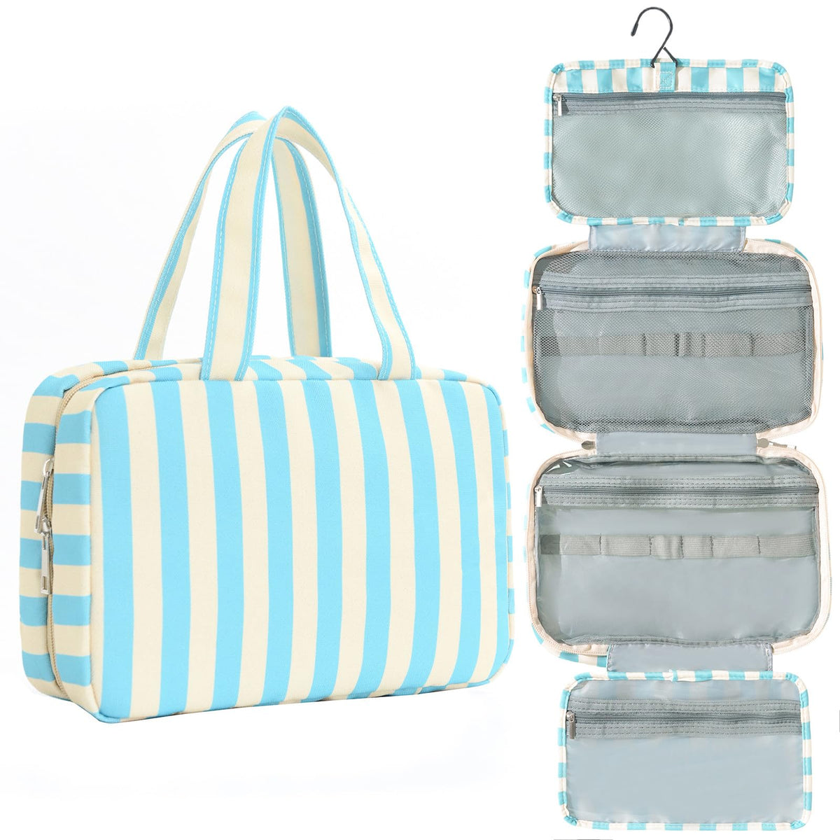 Toiletry Bag for Women Travel Water-resistant Cosmetic Bag Fashion Stripes Makeup Bag with Hanging Hook Preppy for Store Toiletries Cosmetic Accessories Medium Pink