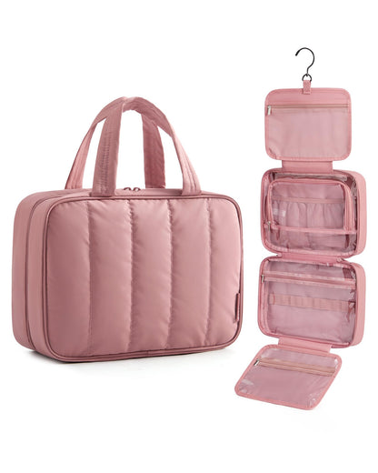 BAGSMART Travel Toiletry Bag for women, Portable Hanging Hook Makeup Bag Organizer, Waterproof Makeup Cosmetic Bag, for Full-Size Accessories, Toiletries, Beige