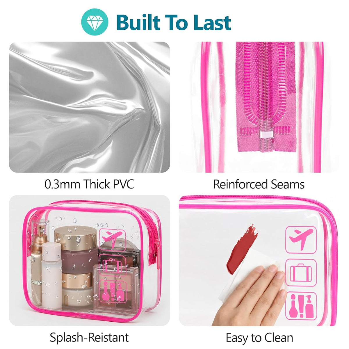 F-color TSA Approved Toiletry Bag - Clear Makeup Bag, 5 Pack, 5 Colors