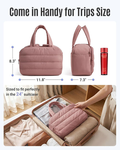 LIGHT FLIGHT Travel Toiletry Bag, Quilted Travel Makeup Cosmetic Bag Organizer, Toiletry Bags for Traveling Women, Make up Bag with Handle, Dark Pink