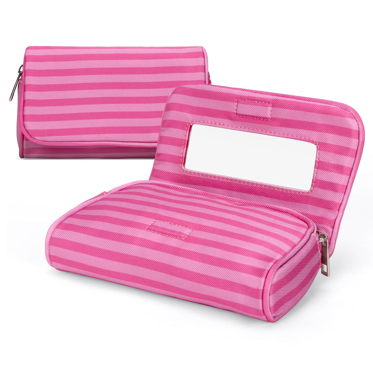 Women’s Cute Nylon Makeup Bag with Built-in Mirror, Protable Lightweight Cosmetic Bag, Trendy Toiletry Bag for Travel (Light Pink Stripe)