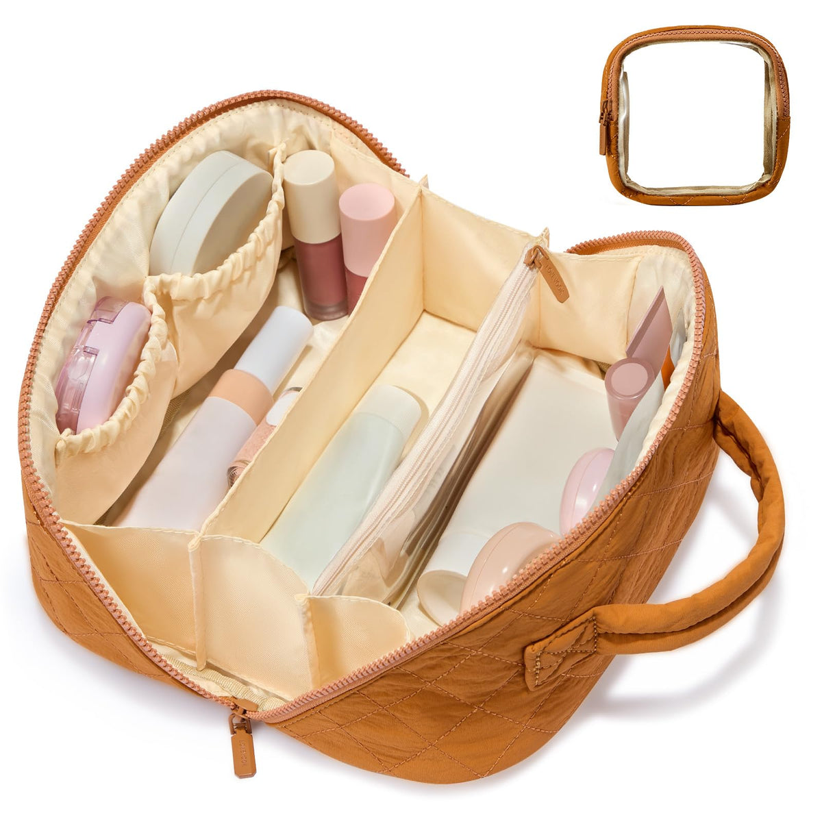 LOVEVOOK Travel Makeup Bag for Women, 2Pcs Puffer Waterproof Cosmetic Organizer, Large Capacity Pouch Open Flat Small Toiletry Bag with Brush Compartment & Handle (Pink, Medium)