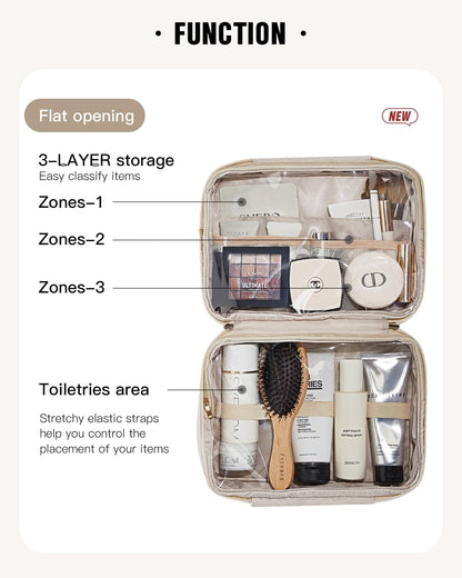 EACHY Toiletry Bag with Hanging Hook, Travel Makeup Bag PU Leather Cosmetic Bags for Women Make Up Organizer with 4 Compartments Waterproof Full-Size Portable Travel Essentials (Beige)