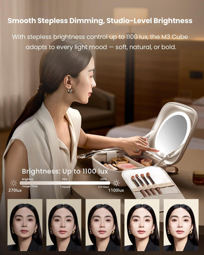 AMIRO Travel Makeup Bag with Stepless Brightness&3 Color LED Mirror, White