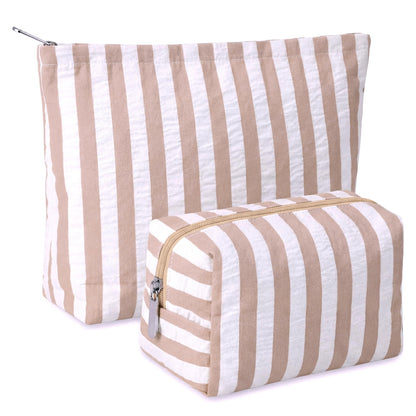 Huhumy 2 Pcs Makeup Bag Set for Women, Khaki, Thin Stripe