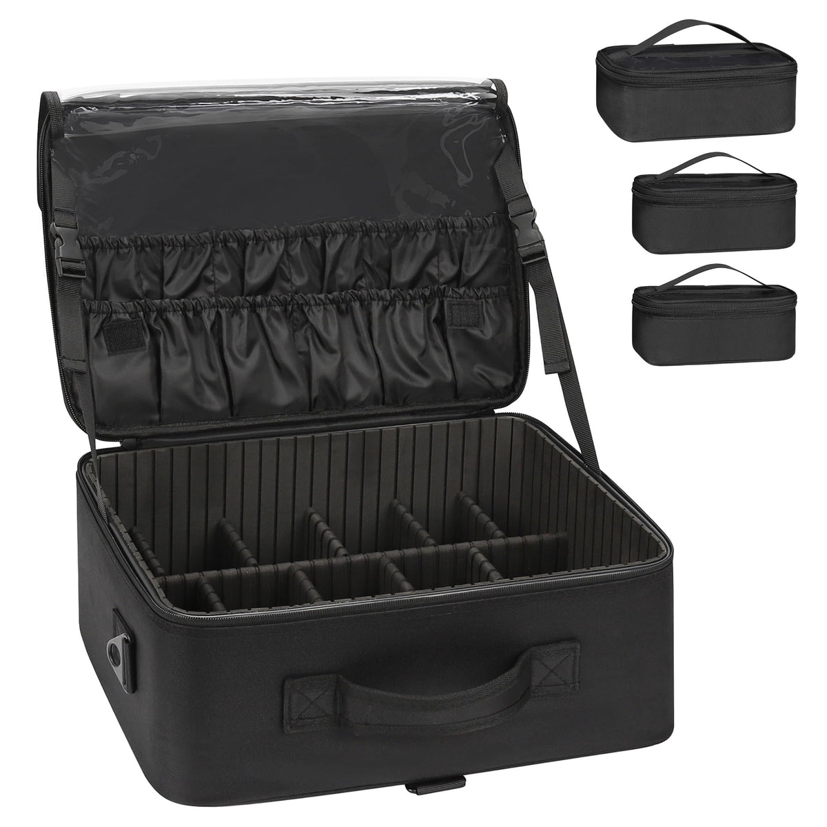 Relavel Rolling Makeup Case, Professional Makeup Artist Set Bag Cosmetic Organizer with 4 Clear Bags & Adjustable Dividers, Large Capacity Travel Train Case, Black