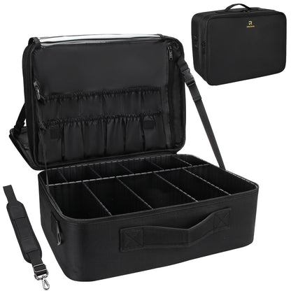 Relavel Makeup Case Large Makeup Bag Professional Train Case Travel Cosmetic Organizer Brush Holder Waterproof Makeup Artist Storage Box, 3 Layer Large Capacity, with Adjustable Strap, Rose Pink