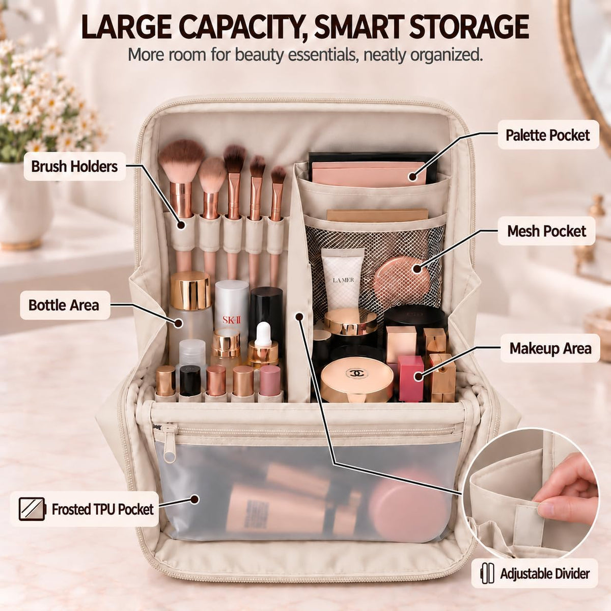 Travel Makeup Bag with Magnetic Fold-Down Flap