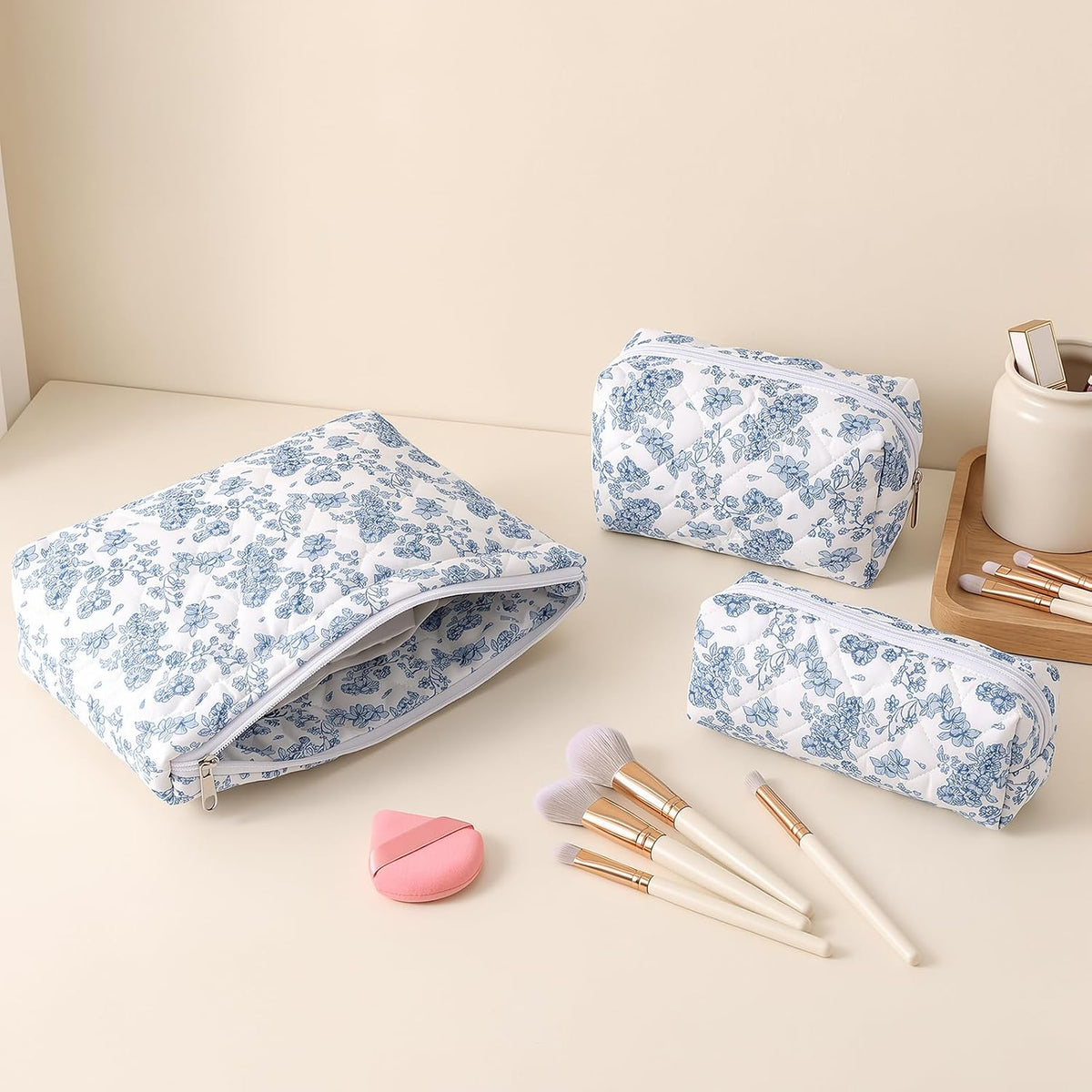 3 Pack Quilted Makeup Bag Floral Toiletry Bag for Traveling Women Girls