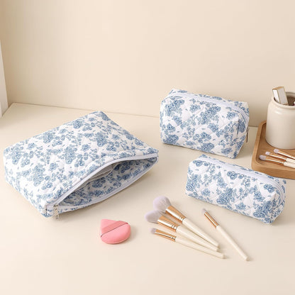 3 Pack Quilted Makeup Bag Floral Toiletry Bag for Traveling Women Girls