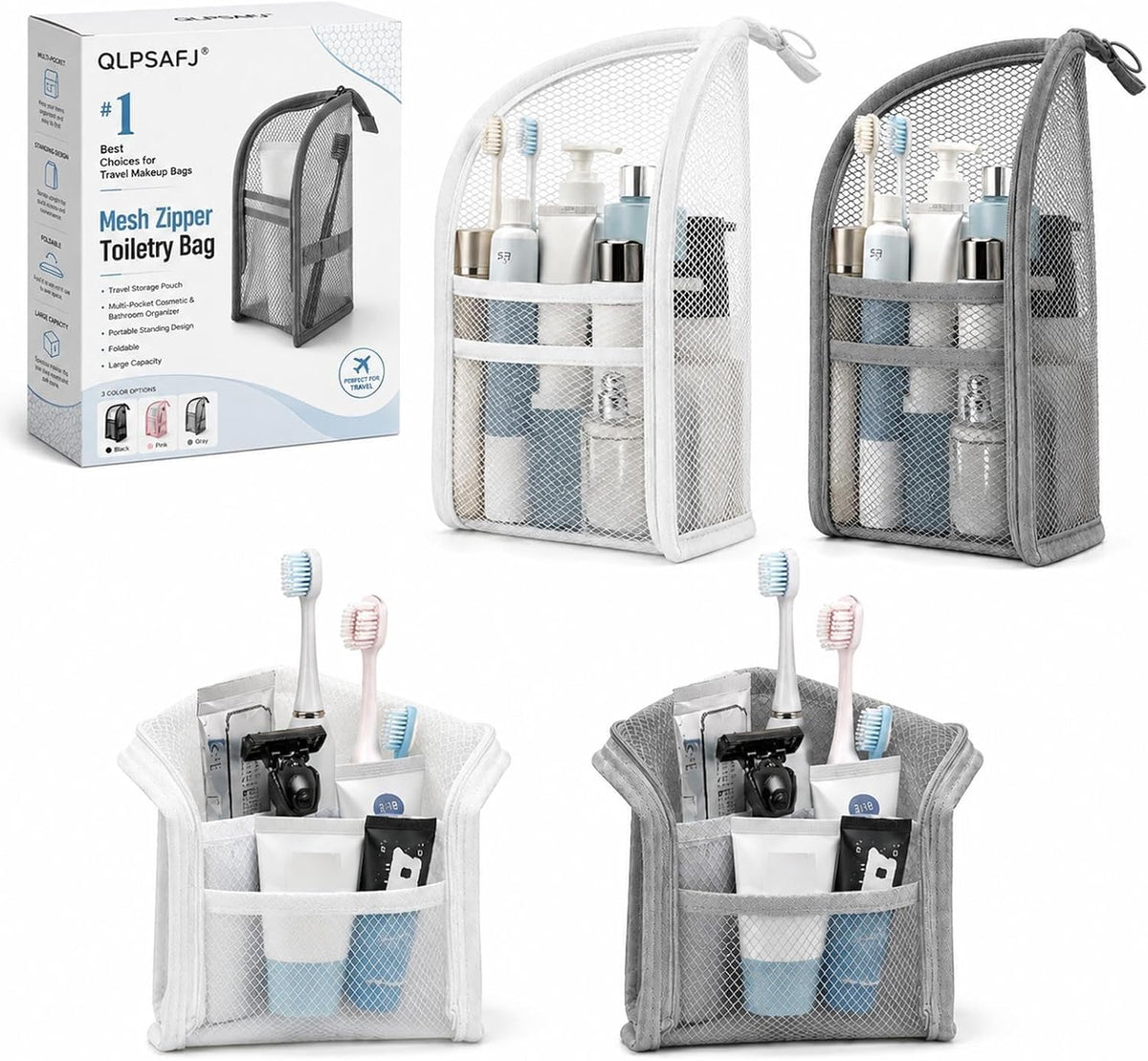 Mesh Zipper Toiletry Bag for Travel Storage Pouch Multi-pocket Travel Cosmetic Bathroom Count Hanging Organizer Portable Standing Makeup Foldable Clear Waterproof EVA Large Capacity(2pc-c)