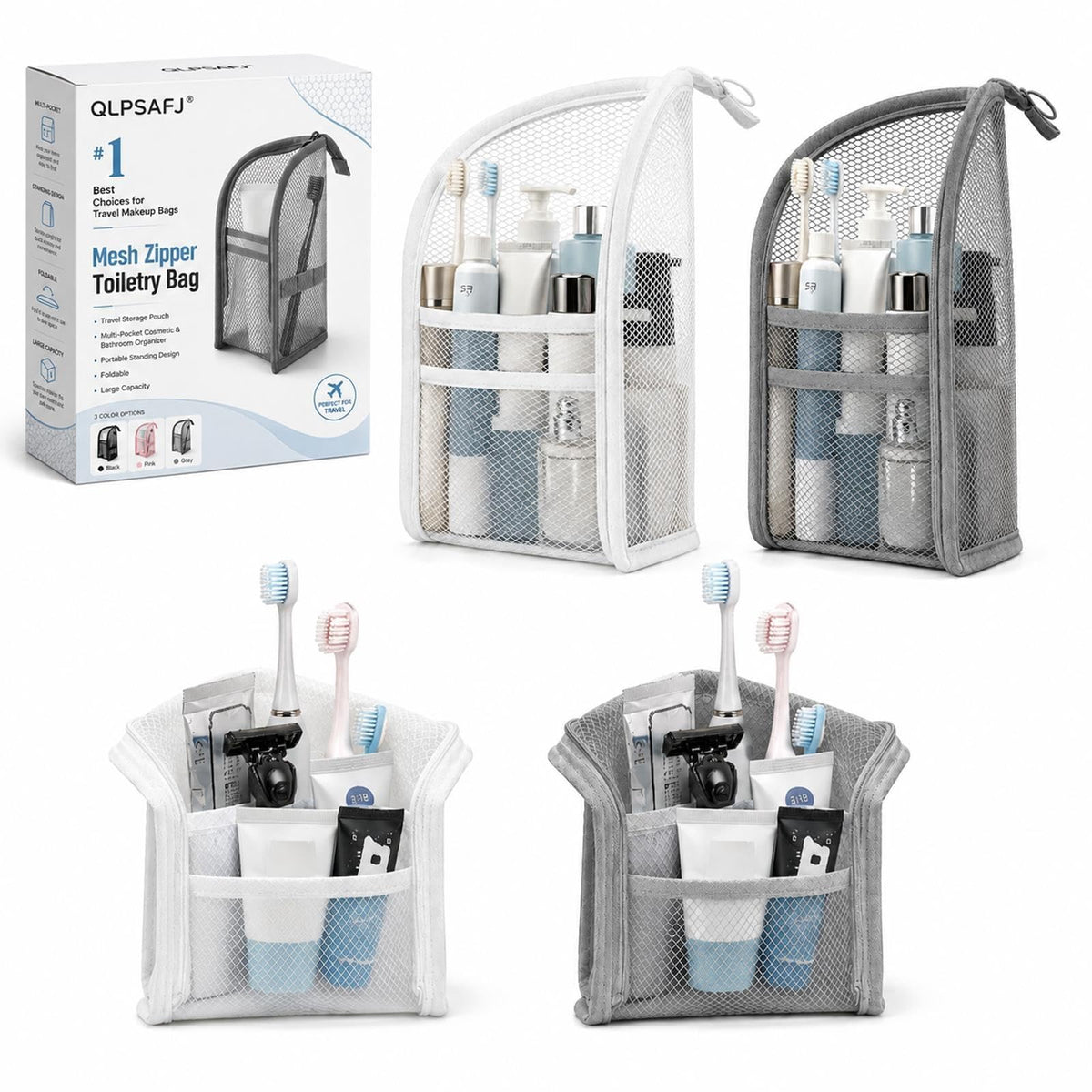 Mesh Zipper Toiletry Bag for Travel Storage Pouch Multi-pocket Travel Cosmetic Bathroom Count Hanging Organizer Portable Standing Makeup Foldable Clear Waterproof EVA Large Capacity(2pc-c)