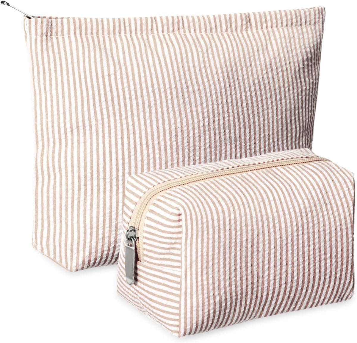 Huhumy 2 Pcs Makeup Bag Set for Women, Khaki, Thin Stripe