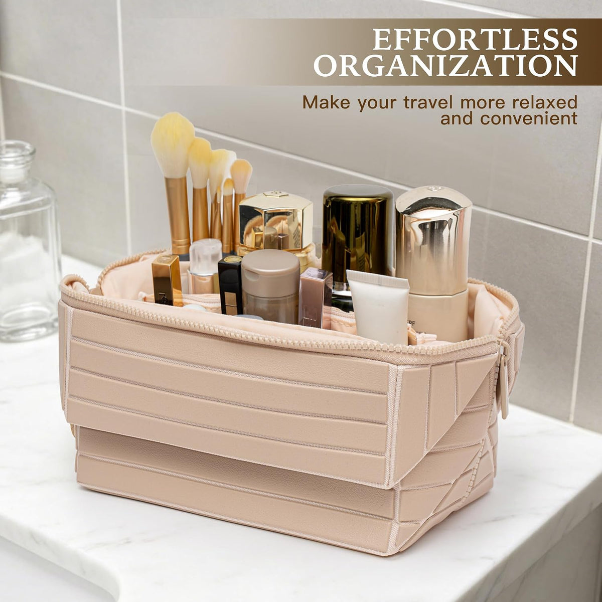 Minoisome Travel Makeup Bag,PU leather toiletry bag,make up organizer case for women,Large Capacity Cosmetic Bag,Wide-open Pouch Purse，Toiletries Accessories，Fold-Down Design and Adjustable Dividers.