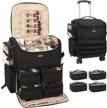 Relavel Rolling Makeup Case, Professional Makeup Artist Set Bag Cosmetic Organizer with 4 Clear Bags & Adjustable Dividers, Large Capacity Travel Train Case, Black