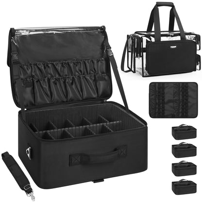 Relavel Rolling Makeup Case, Professional Makeup Artist Set Bag Cosmetic Organizer with 4 Clear Bags & Adjustable Dividers, Large Capacity Travel Train Case, Black