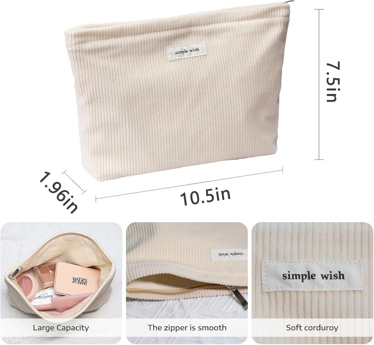 Wudygirl Makeup Bag for Women Travel Cosmetic Bag 10.5"x7.5" Beige