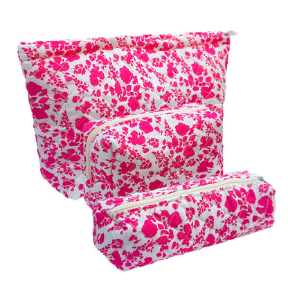 Rose Red Large Quilted Floral Makeup Bag Cute Soft Coquette Aesthetic Cosmetic Bag Cotton Travel Toiletry Bag for Women