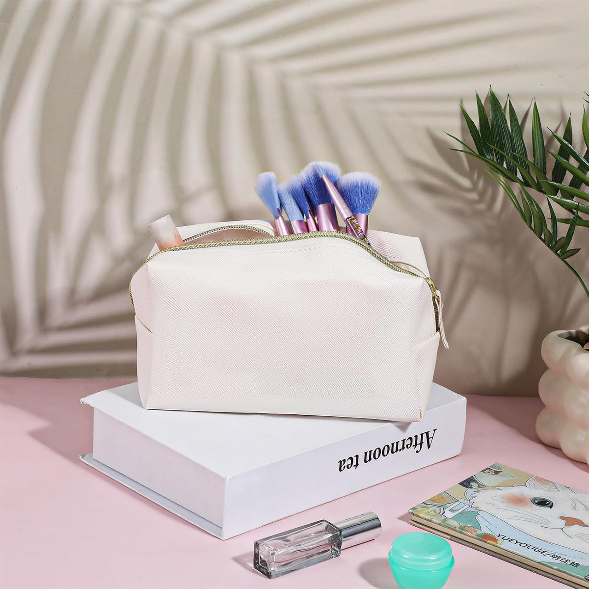 8 Pcs PU Leather Makeup Bag Bulk Set Waterproof Cosmetic Pouch Travel Organizer for Women Beige Toiletry Bag with Zipper Portable Multi-Functional Storage Bags