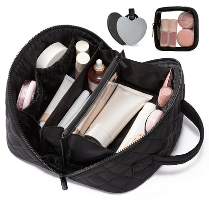 LOVEVOOK Travel Makeup Bag for Women, 2Pcs Puffer Waterproof Cosmetic Organizer, Large Capacity Pouch Open Flat Small Toiletry Bag with Brush Compartment & Handle (Pink, Medium)