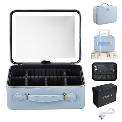 Faquenc Leather Makeup Case with LED Lighted Mirror 11.4 Inch Travel Makeup Bag Adjustable Brightness in 3 Colors Cosmetic Organizer Artist Storage Bag with Dividers Brush Holder Bag Vanity White