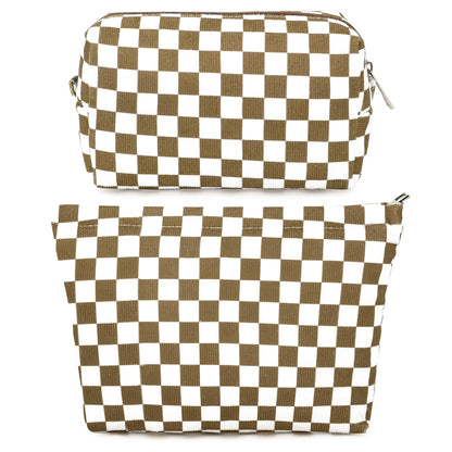 SOIDRAM 2 Pieces Makeup Bag Large Checkered Cosmetic Bag Capacity Canvas Mix Travel Toiletry Bag Organizer Cute Makeup Brushes Aesthetic Accessories Storage Bag for Women, Checkered Mix Rose Red