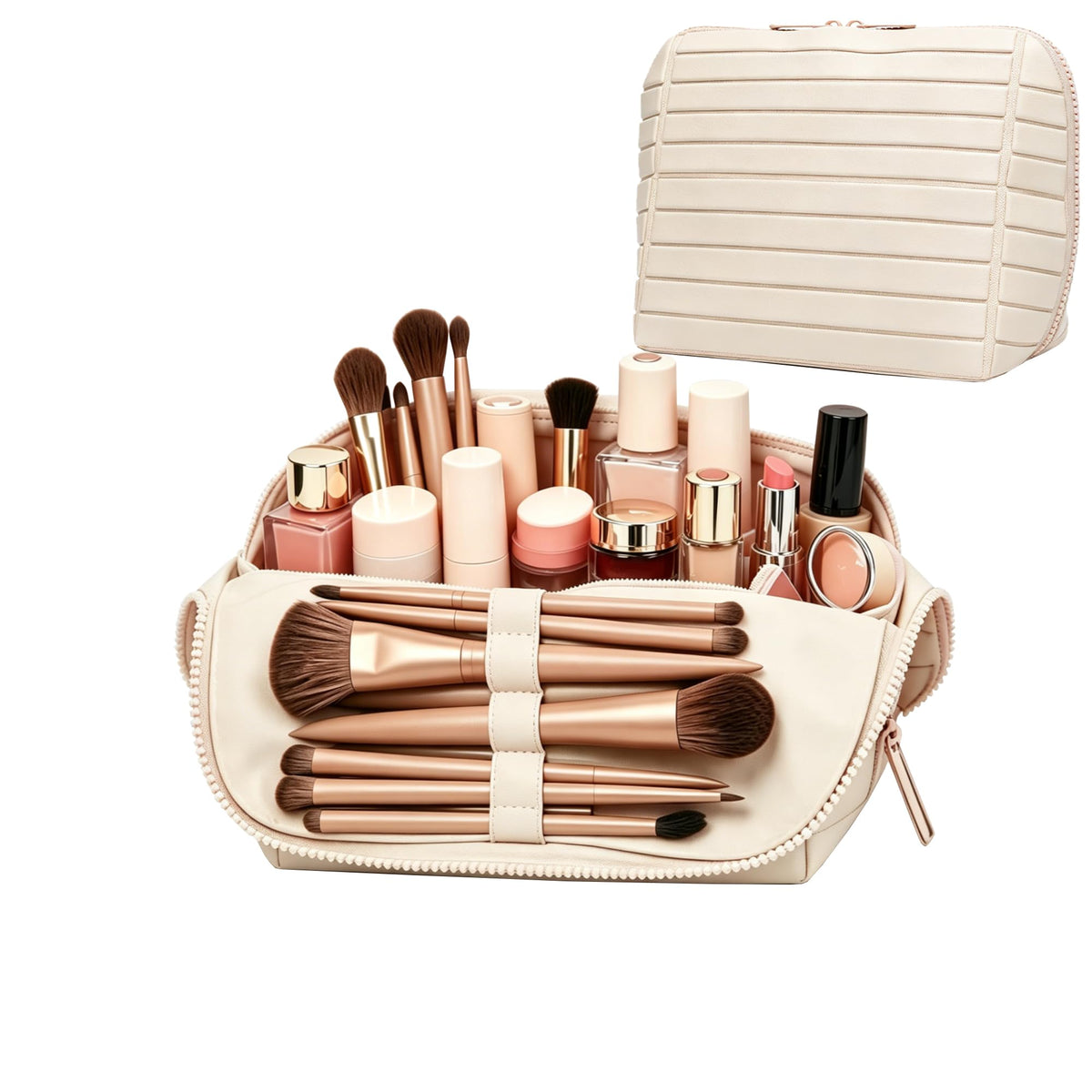 Travel parallel vertical Makeup Bag with Fold-Down Design and Adjustable Dividers,upright Cosmetic Toiletry Bags Brown