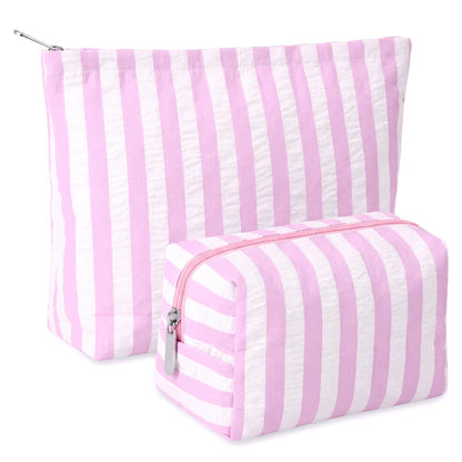 Huhumy 2 Pcs Makeup Bag Set for Women, Khaki, Thin Stripe