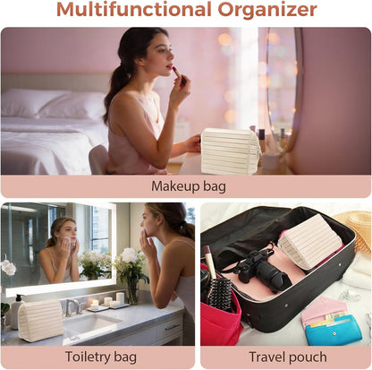 Travel Makeup Organizer Bag with Fold-Down Design and Adjustable Dividers, 27 Pockets & 3 Brush Storage Holders, Large Capacity Cosmetic Bags Toiletry Case - White