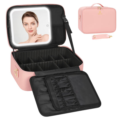 Relavel Travel Makeup Bag With LED Mirror, Cosmetic Train Case with Light up Mirror, Portable Makeup Artist Organizer Bag with Adjustable Dividers, Makeup Brush Holder Storage, Black