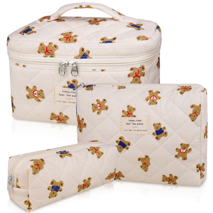 Gosect Makeup Bag Set, Quilted Makeup Bags, Large Floral Cosmetic Bag for Women, Cute Cotton Makeup Bags, Flower Travel Toiletry Organizer Bag (Folk Style)