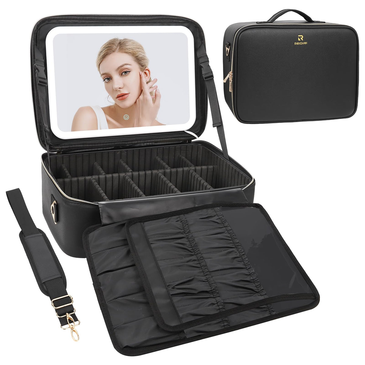 Chomeiu Makeup Bag with LED Mirror, Travel Cosmetic Bag with Shoulder Strap