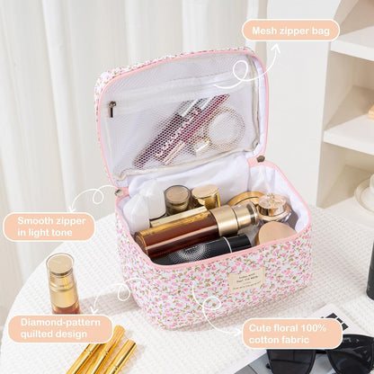 Makeup Bag for Women Quilted Cotton Make Up Bag Travel Cosmetic Bag Large Makeup Bag Cute Makeup Bags Organizer Floral Toiletry Bag Makeup Pouch for Purse, Pink Floral A-1PCS