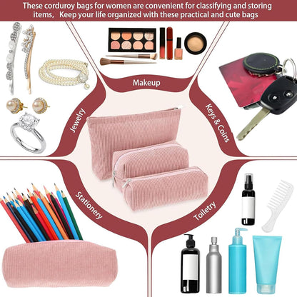Huhumy 3 Pcs Corduroy Makeup Bag Set for Women, Pink, Solid Style