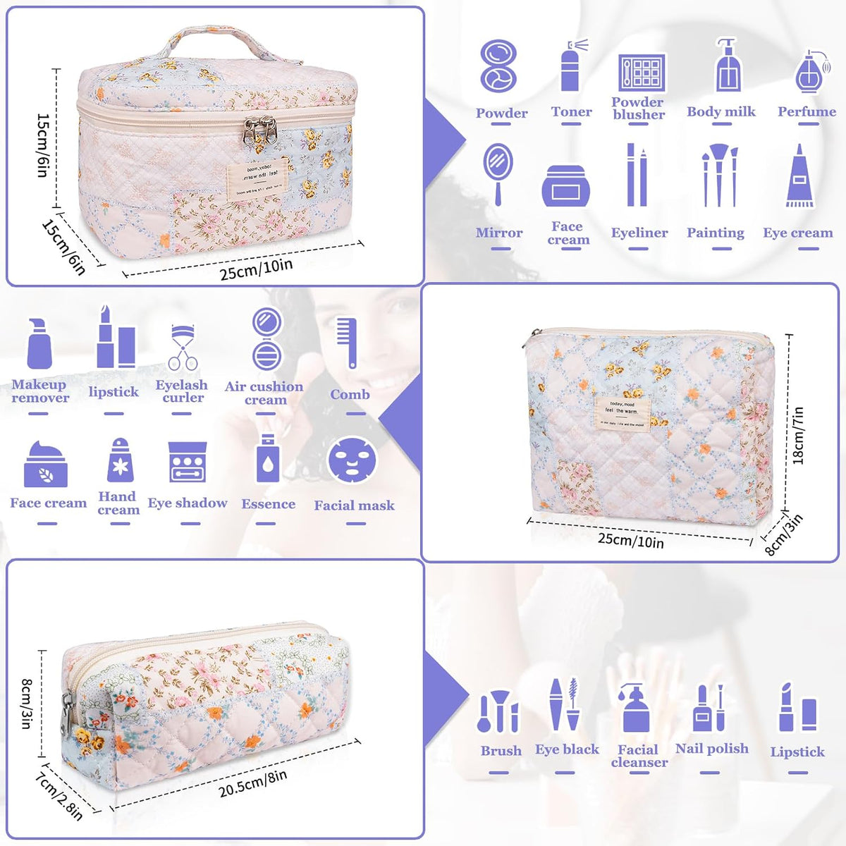 Gosect Makeup Bag Set, Quilted Makeup Bags, Large Floral Cosmetic Bag for Women, Cute Cotton Makeup Bags, Flower Travel Toiletry Organizer Bag (Folk Style)