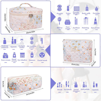 Gosect Makeup Bag Set, Quilted Makeup Bags, Large Floral Cosmetic Bag for Women, Cute Cotton Makeup Bags, Flower Travel Toiletry Organizer Bag (Folk Style)