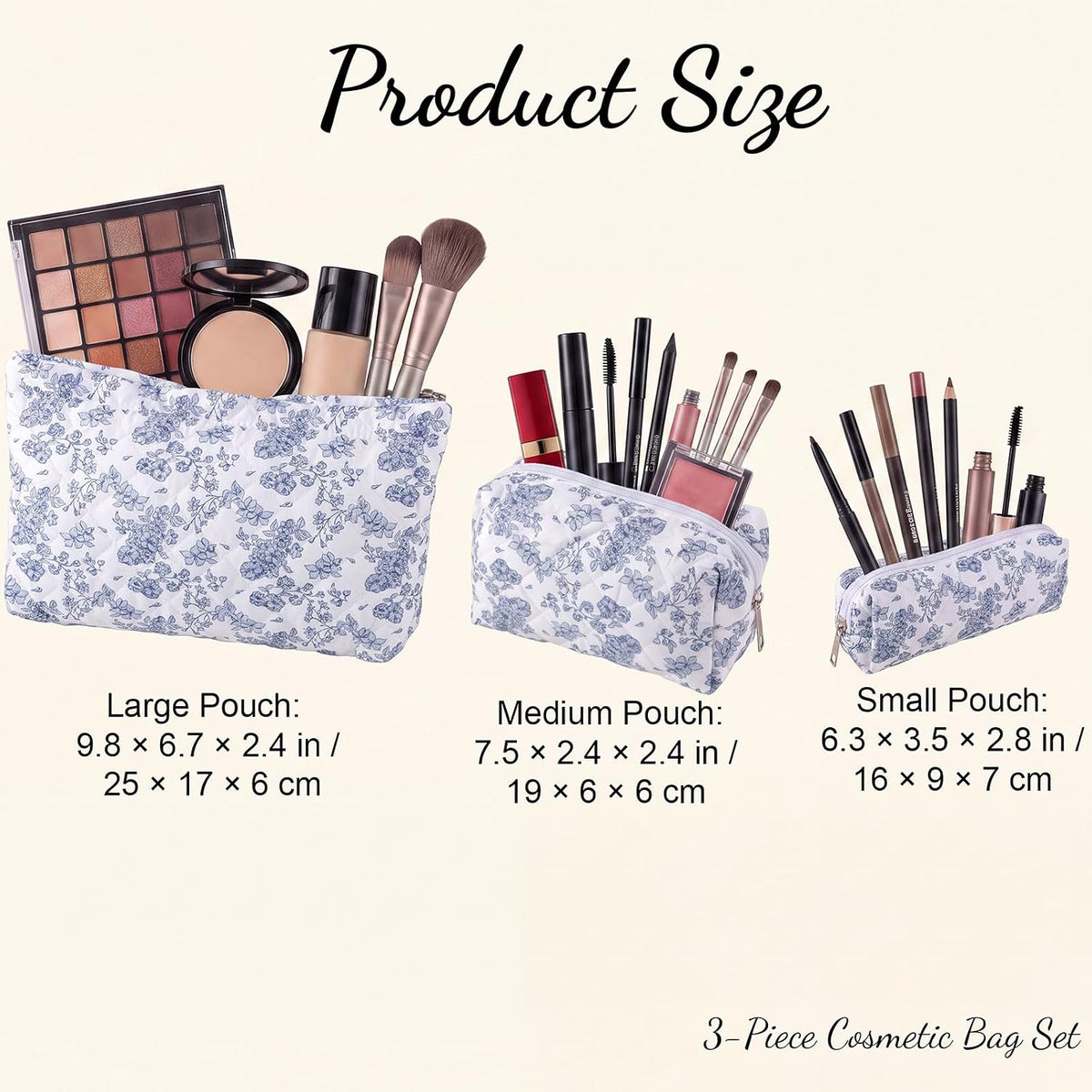 3 Pack Quilted Makeup Bag Floral Toiletry Bag for Traveling Women Girls