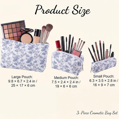 3 Pack Quilted Makeup Bag Floral Toiletry Bag for Traveling Women Girls
